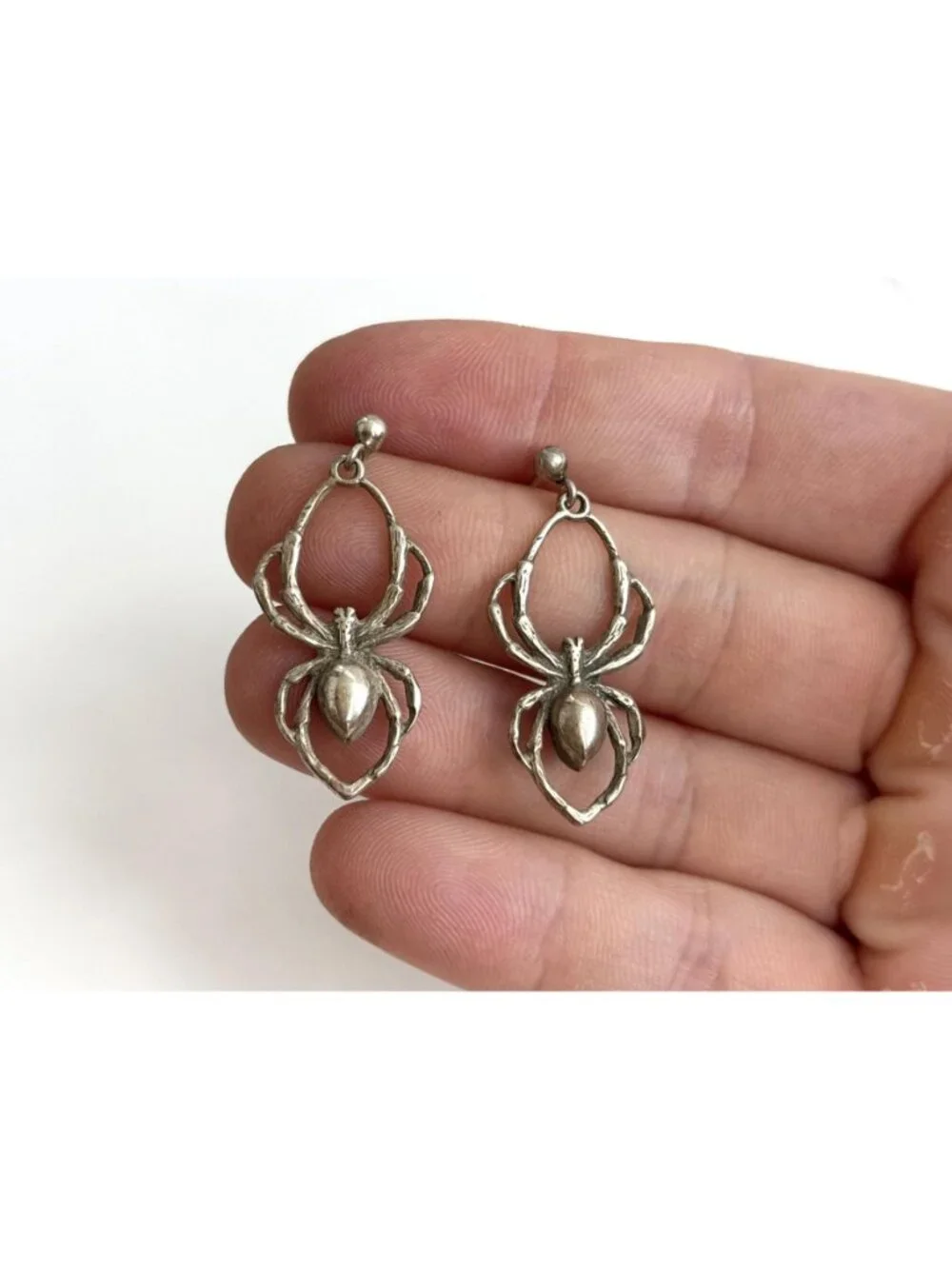 Awesome Spider Figural Hand Carved Vintage Sterling Silver 925 Drop Earrings